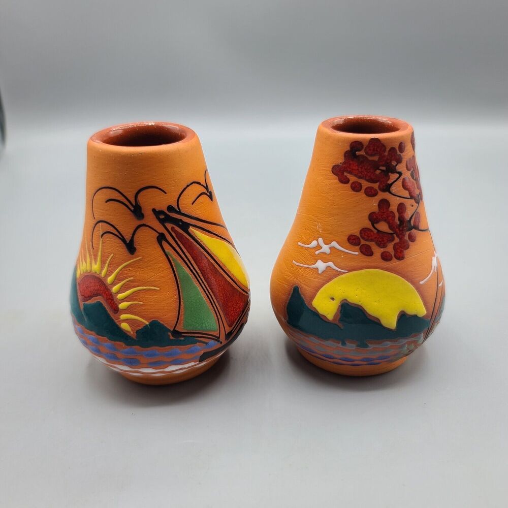 Hand Painted Ceramic Textured Vases Terracotta Sunrise Lakes Mountains Flowers